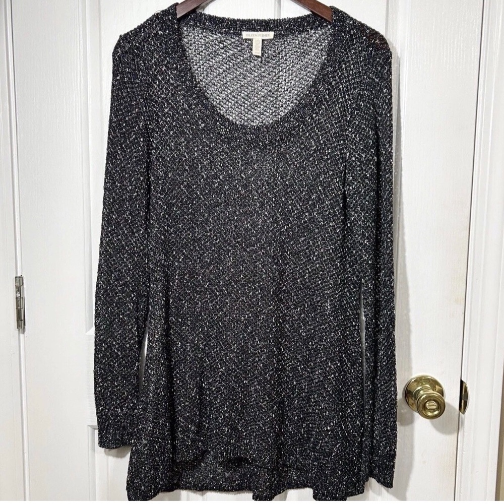 Eileen Fisher Italian Yarn Cotton Linen Knit Tunic Sweater Black White Marl M